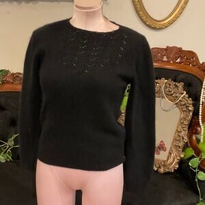 Vintage Eyelet Beaded Boat Neck Sweater Lightweight Long Sleeve Size S Black